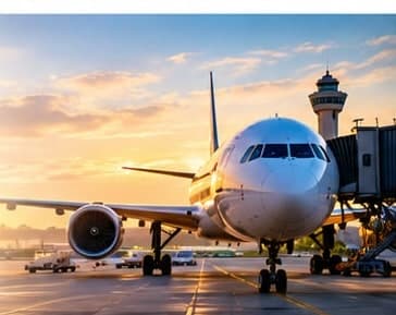 An airliner at the gate at sunrise, with the control tower behind it