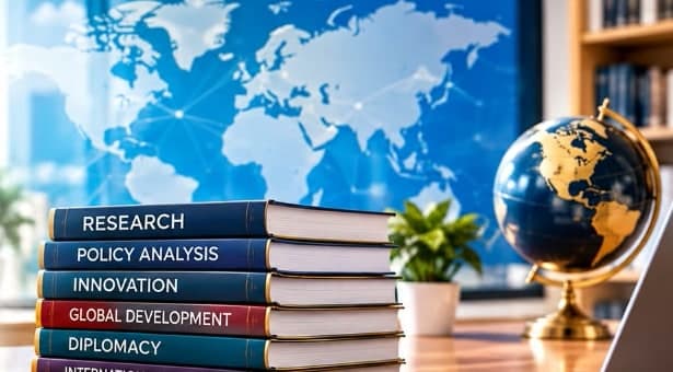 A stack of books labelled research, policy analysis and diplomacy beside a globe